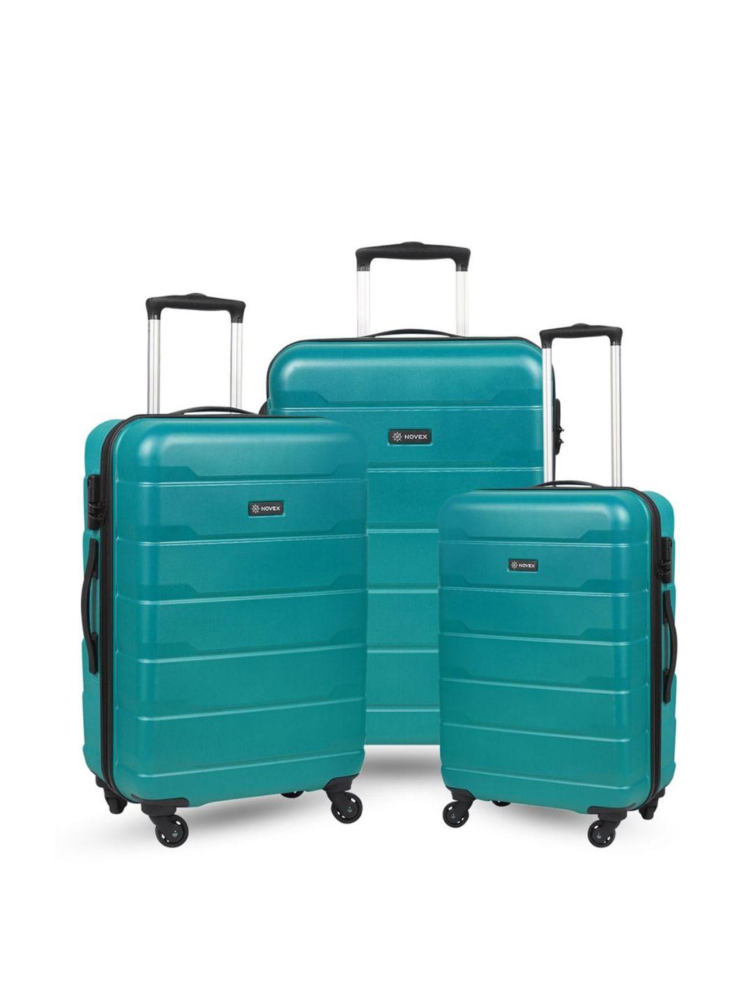 novex unisex set of 3 sea-green textured hard-sided trolley suitcases