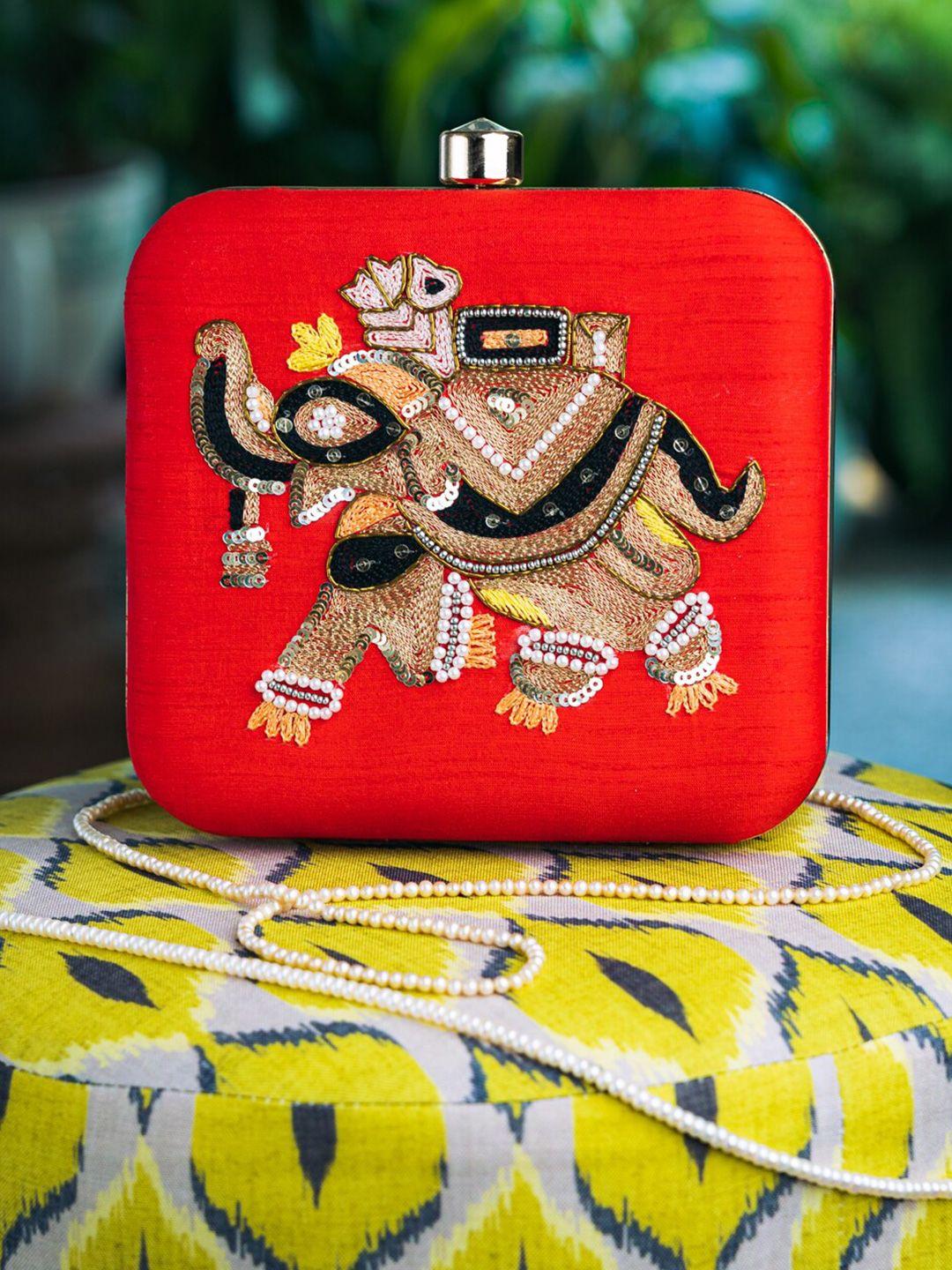 nr by nidhi rathi red & black embroidered box clutch