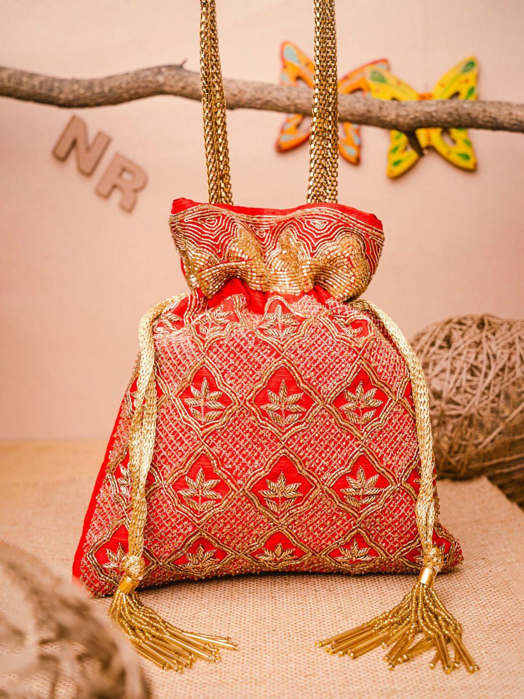 nr by nidhi rathi red & gold-toned embroidered embellished potli clutch