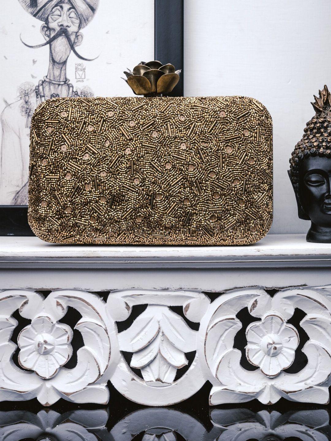 nr by nidhi rathi copper-toned & gold-toned embroidered embellished box clutch