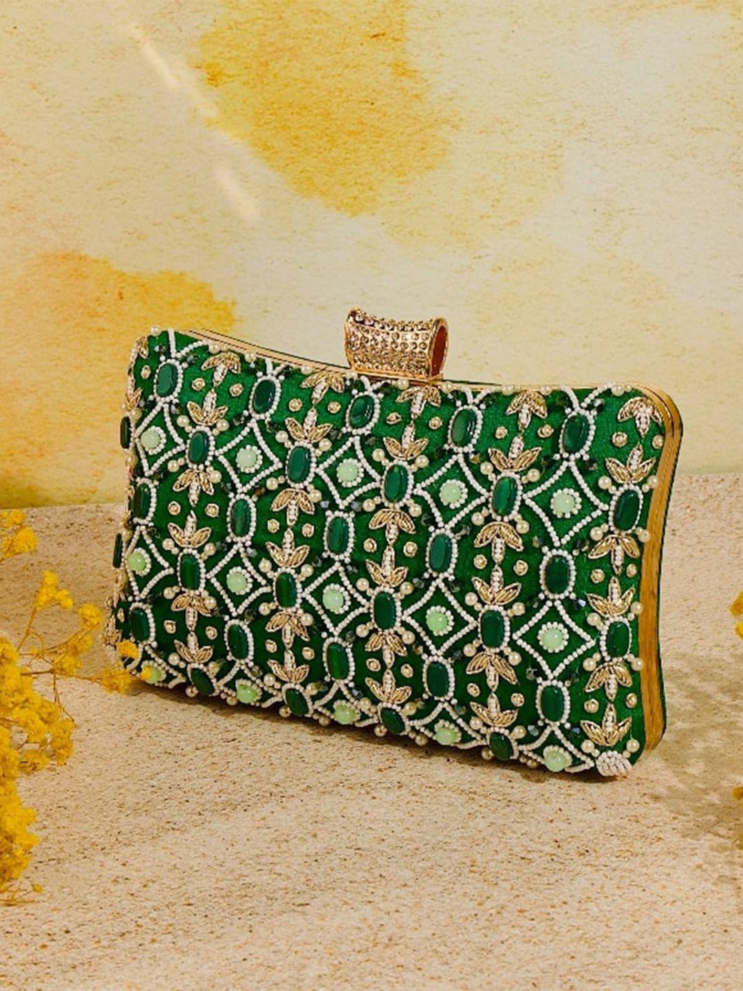 nr by nidhi rathi green embroidered box clutch