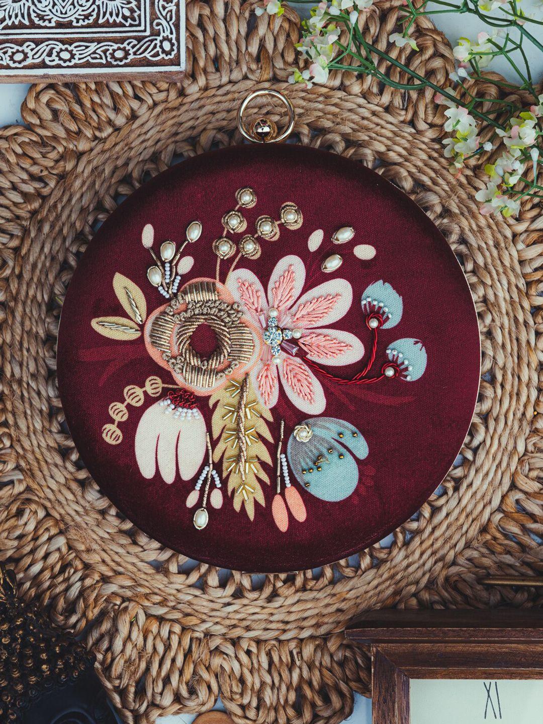 nr by nidhi rathi maroon & gold-toned embroidered box clutch