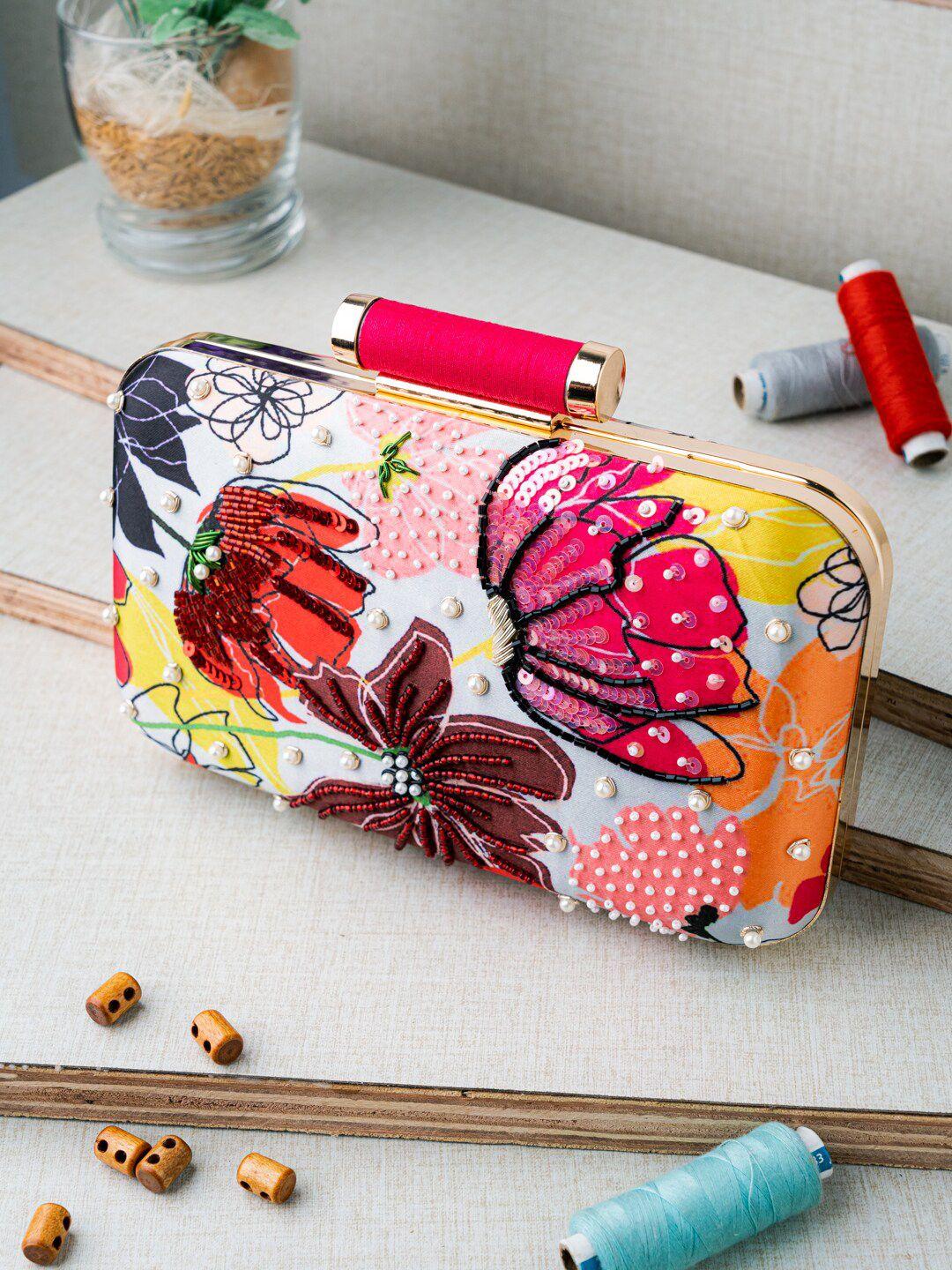 nr by nidhi rathi peach-coloured & yellow floral embroidered box clutch