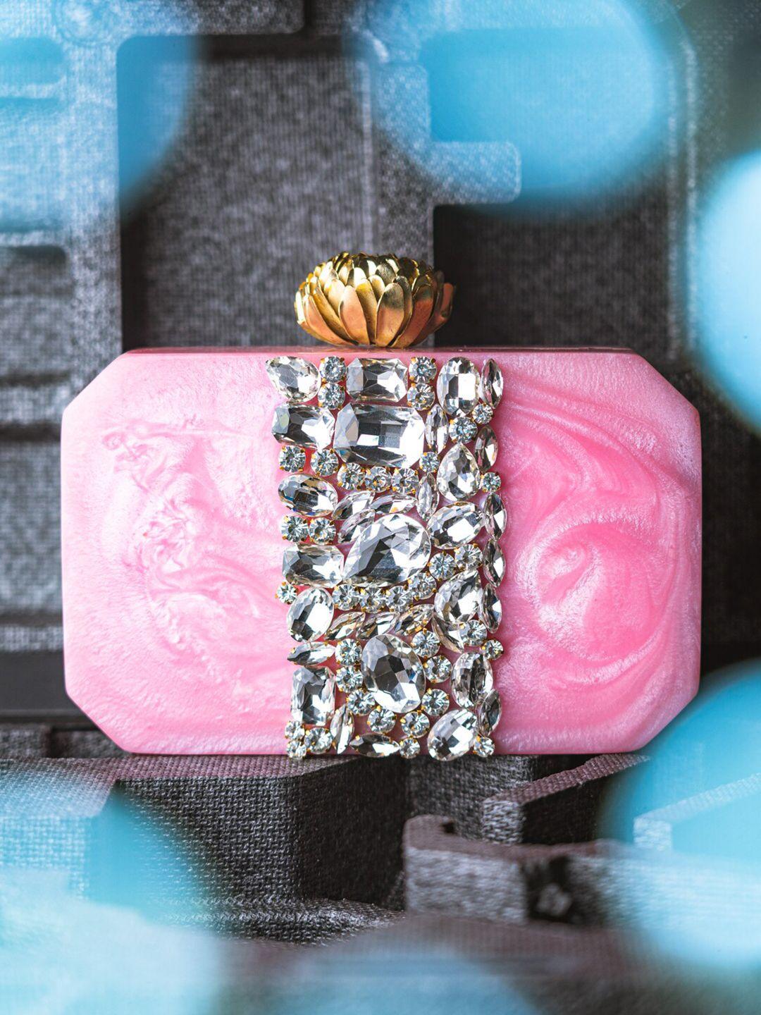nr by nidhi rathi pink & silver-toned embellished box clutch