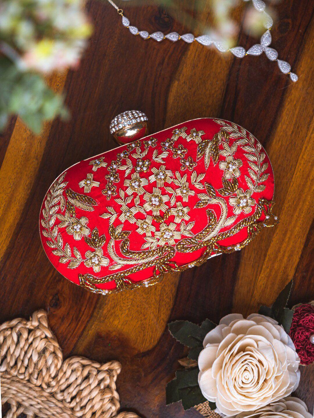 nr by nidhi rathi red & gold-toned embellished box clutch