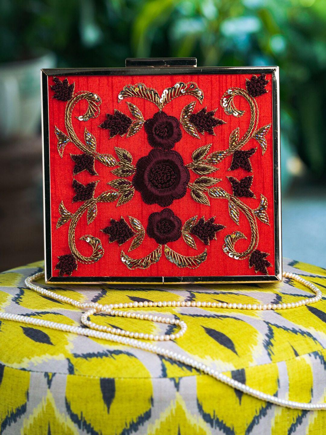 nr by nidhi rathi red & purple embroidered box clutch