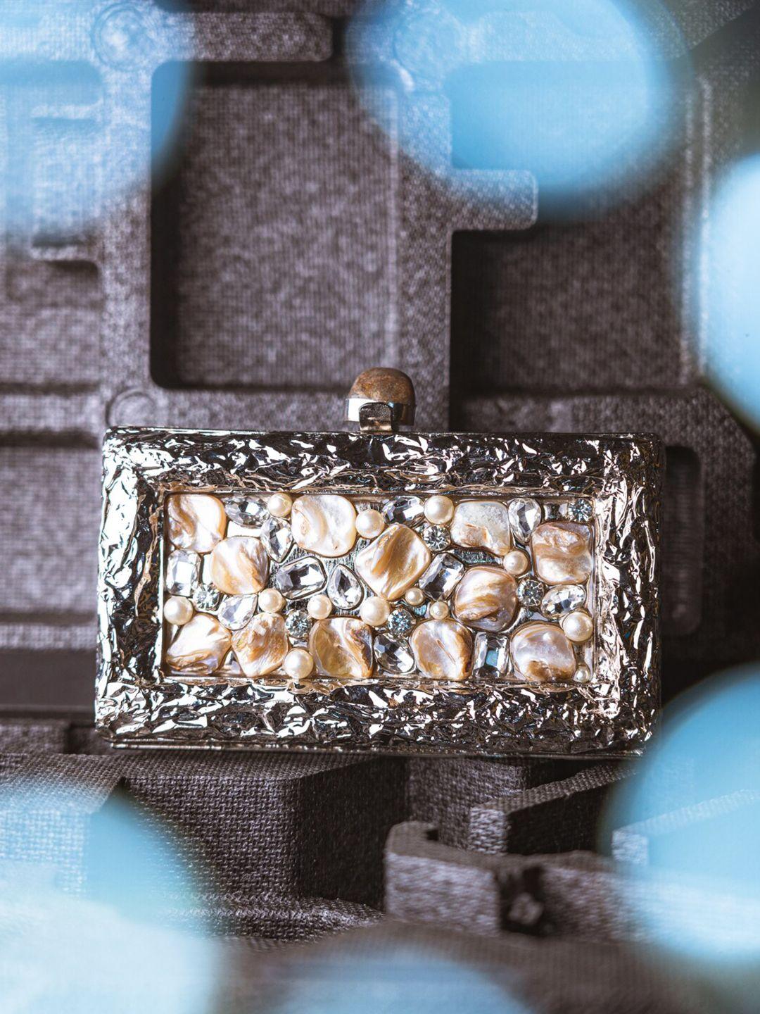 nr by nidhi rathi silver-toned & cream-coloured embellished box clutch