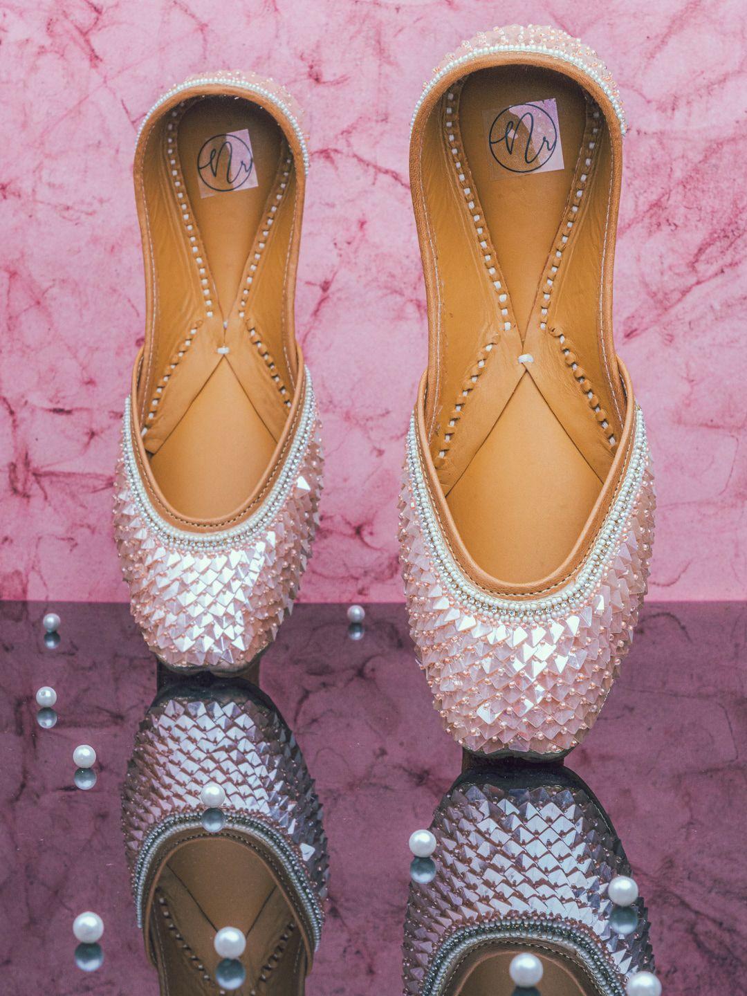 nr by nidhi rathi women peach-coloured embellished leather ethnic mojaris flats