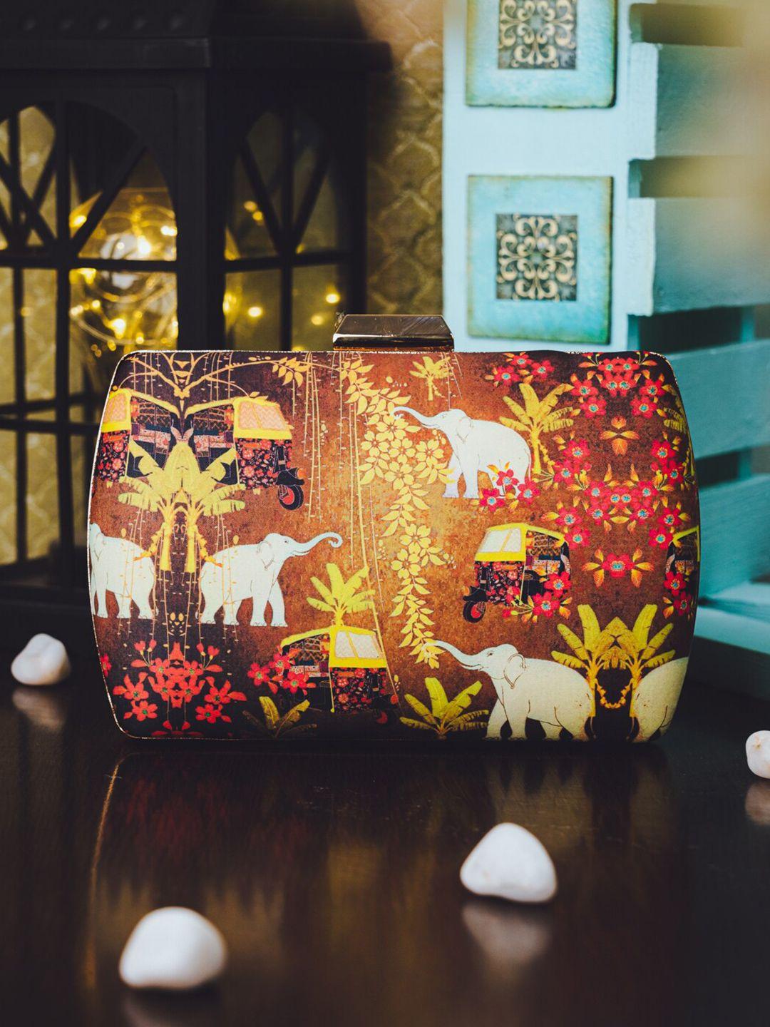 nr by nidhi rathi women peach-coloured forest scene printed box clutch