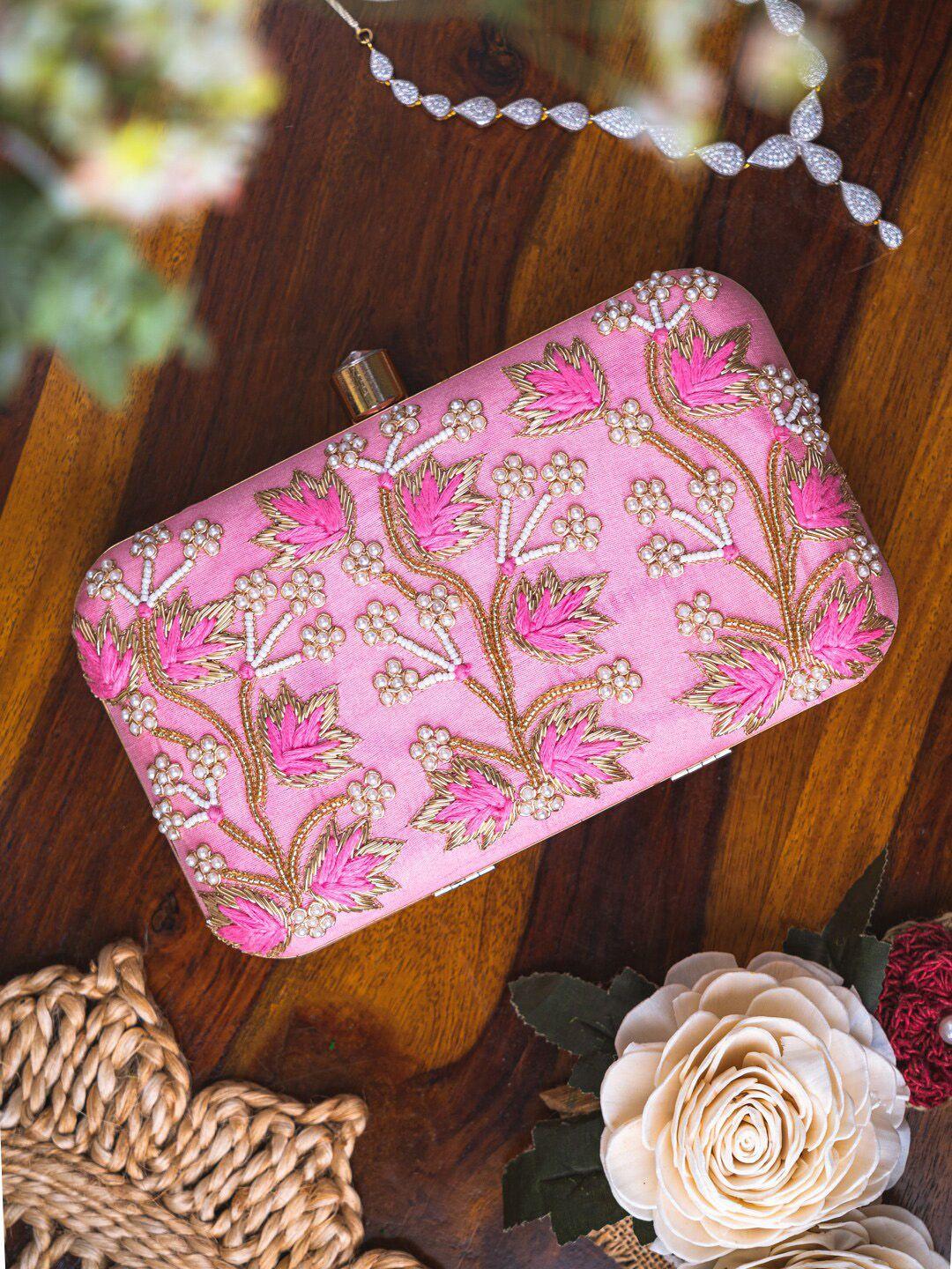 nr by nidhi rathi women pink & gold-toned hand embroidered box clutch