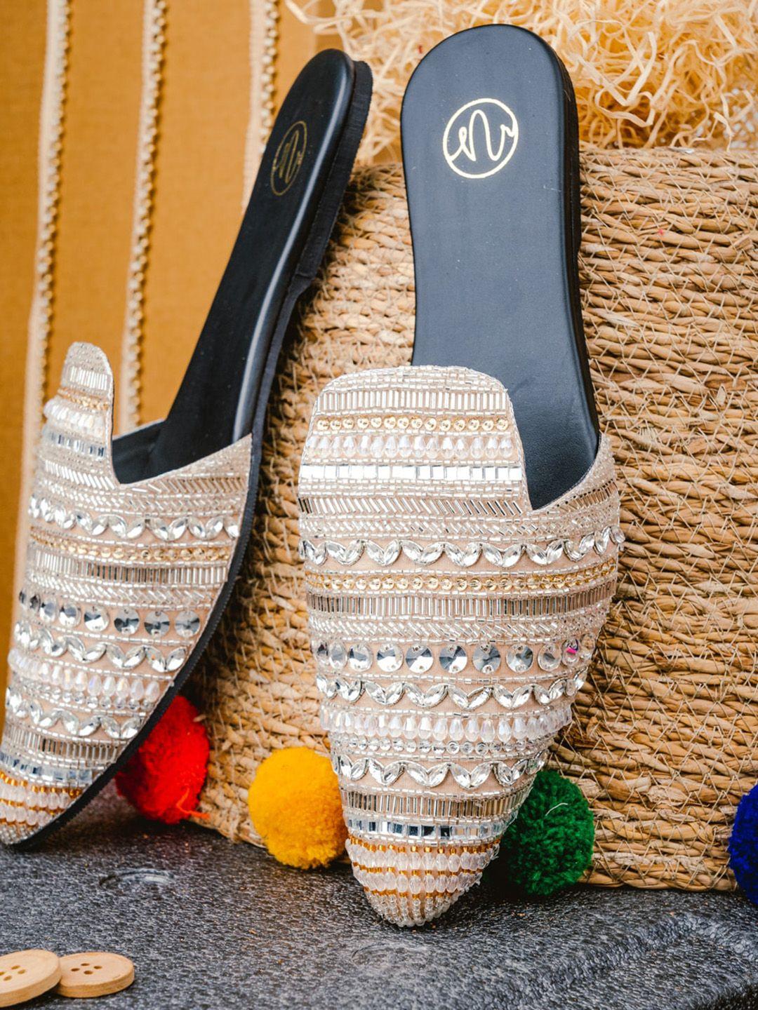 nr by nidhi rathi women silver & gold toned hand embroidered & embellished mule flats