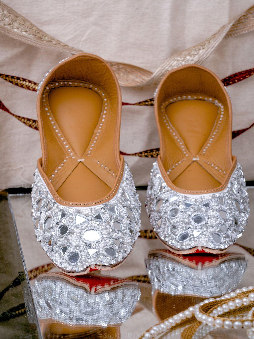 nr by nidhi rathi women silver & tan embellished mojaris flats