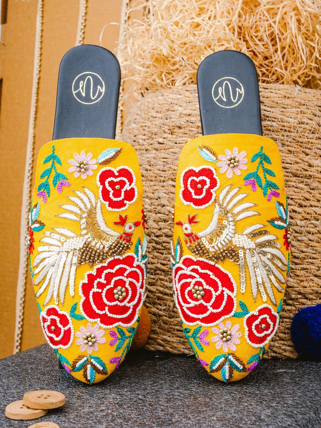 nr by nidhi rathi women yellow printed ballerinas with bows flats