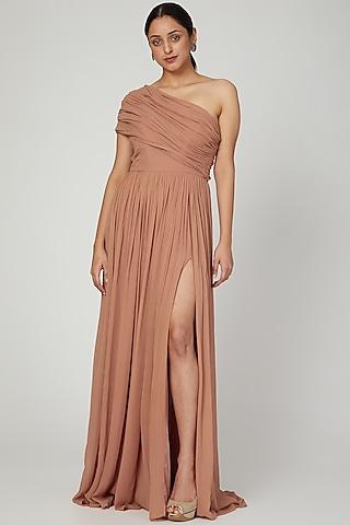 nude corset gown with extended drape