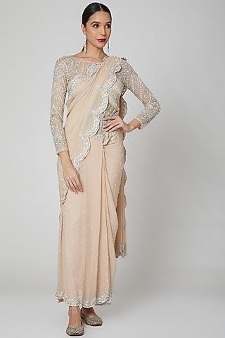 nude embroidered saree gown