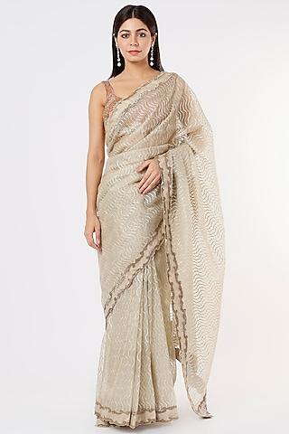 nude embroidered saree set