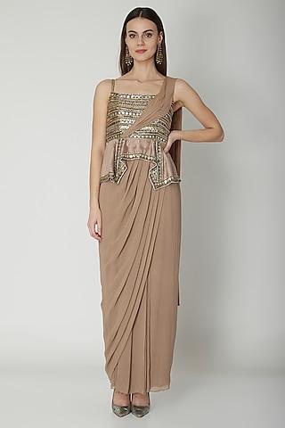 nude georgette & silk sequins embroidered gown saree