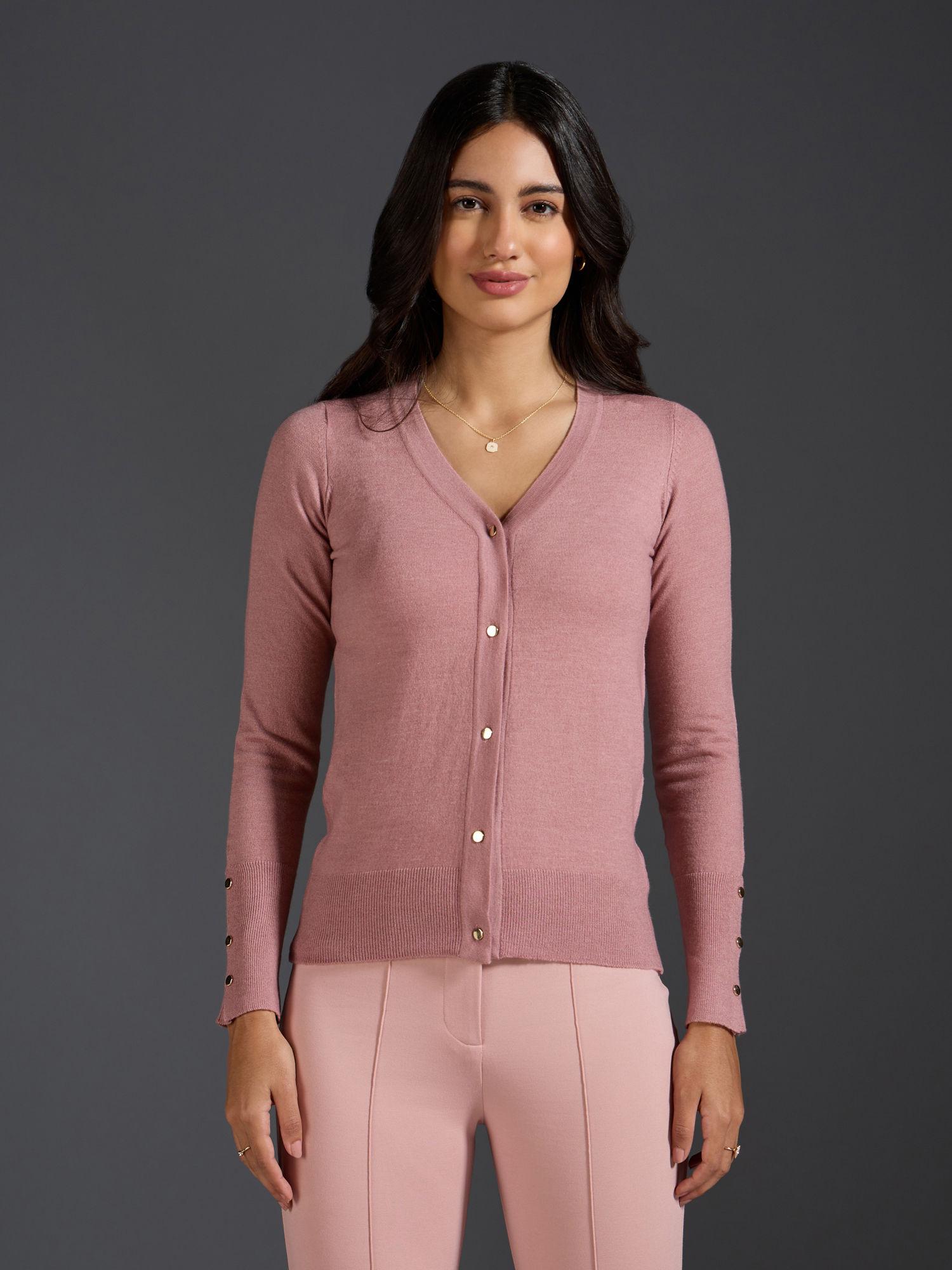 nude pink solid v neck buttoned sleeves cardigan