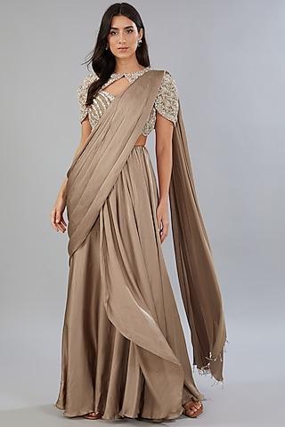 nude satin draped saree set