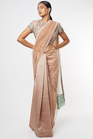 nude & sea green hand embroidered saree set