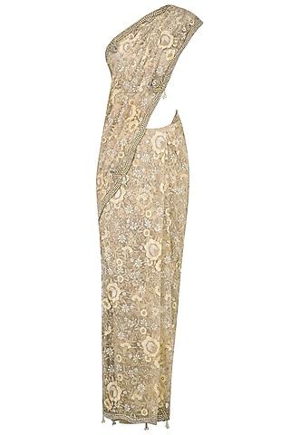 nude and beige floral embroidered saree with jewel neck blouse