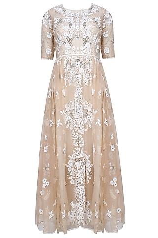 nude and ecru floral 3d embroidered motifs flared dress