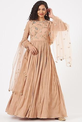 nude banarasi printed anarkali set