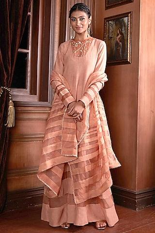 nude blush linen silk & silk organza anarkali set