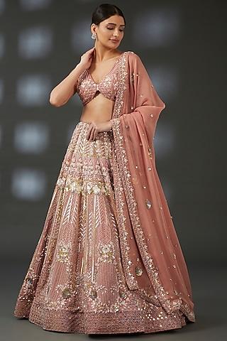 nude blush pink silk hand embroidered lehenga set