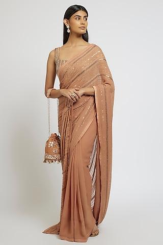 nude brown georgette sequins hand embroidered saree set