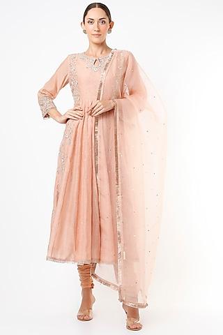 nude chanderi embroidered anarkali set