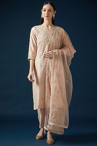 nude chanderi hand embroidered kurta set