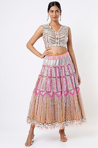 nude embellished tulle short lehenga set