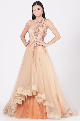 nude embroidered asymmetrical gown