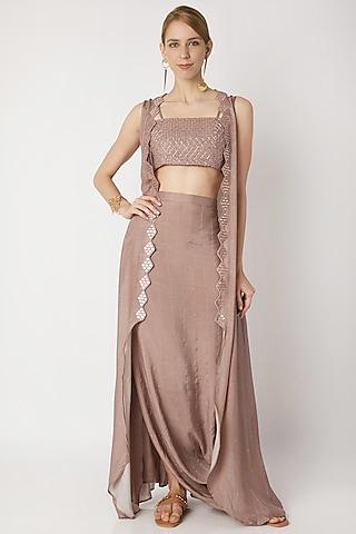 nude embroidered bustier with cowl skirt & cardigan