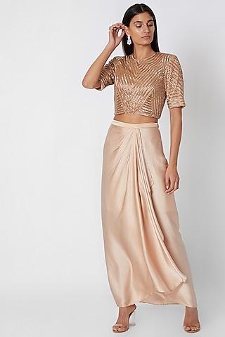 nude embroidered crop top with draped skirt