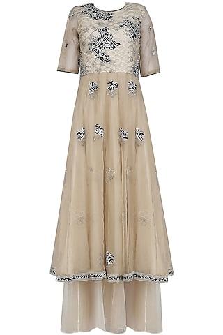 nude embroidered pleated maxi dress