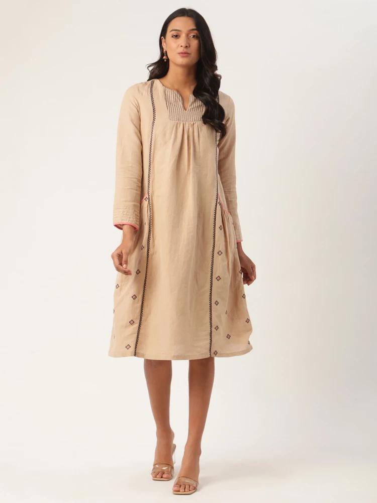 nude embroidered round neck dress