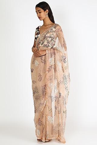 nude embroidered saree set