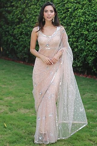 nude embroidered saree set