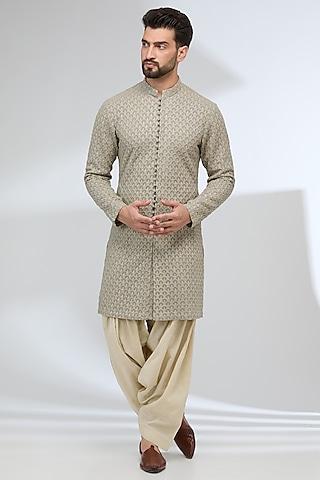nude green-grey georgette & cotton silk thread embroidered kurta set