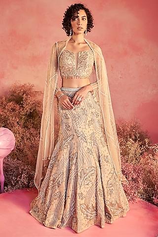 nude mesh hand embroidered fish-cut lehenga set