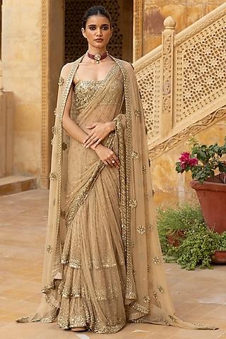 nude net hand embroidered saree set