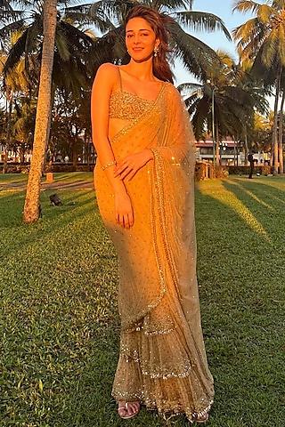 nude net hand embroidered saree set