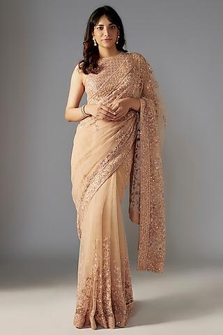 nude net hand embroidered saree set