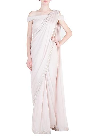 nude net hand embroidered saree set