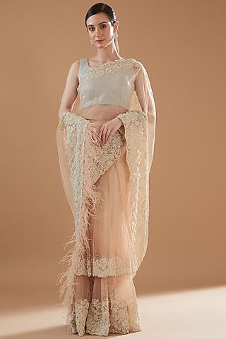 nude net pre-stitched 3d floral applique embroidered saree set