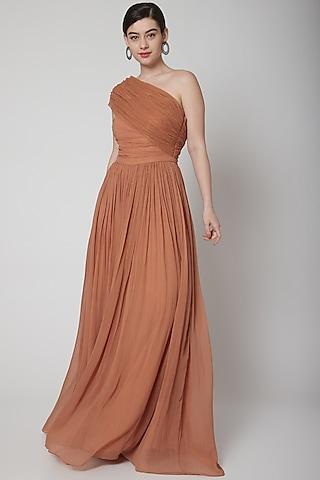 nude one shoulder corseted gown