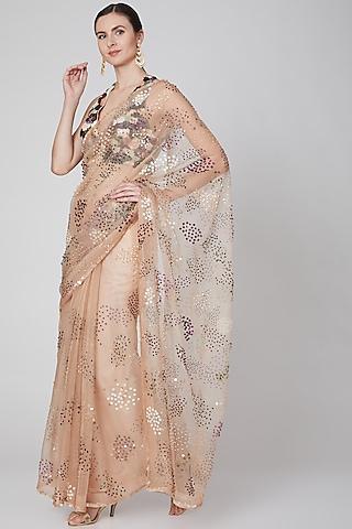 nude organza embroidered saree set