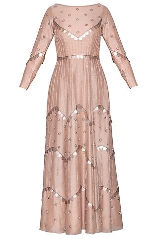 nude peach chanderi & net embroidered gown for girls
